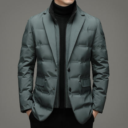 Men's down jacket, blazer style, detachable stand-up collar