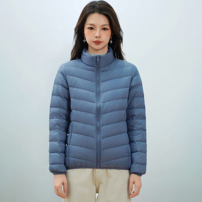 Light women's down jacket with stand-up collar