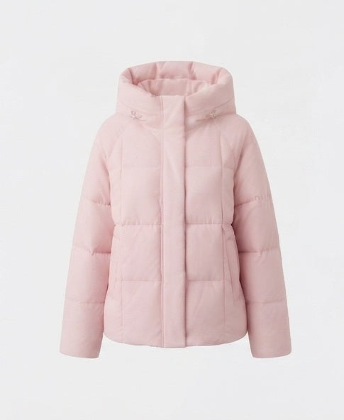 Women's short quilted hooded parka with light thermal filling, square quilting and adjustable drawstring hem
