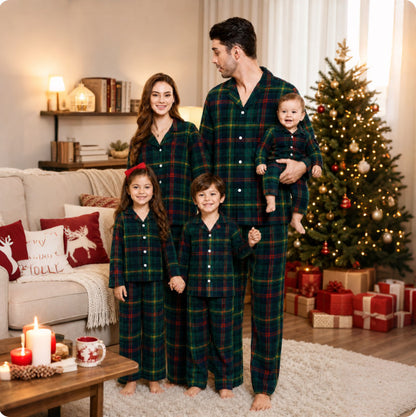 Family Pajama Set, checked, with lapel collar