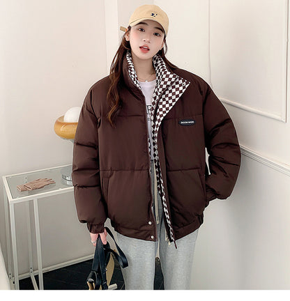 Loose, padded winter jacket with stand-up collar