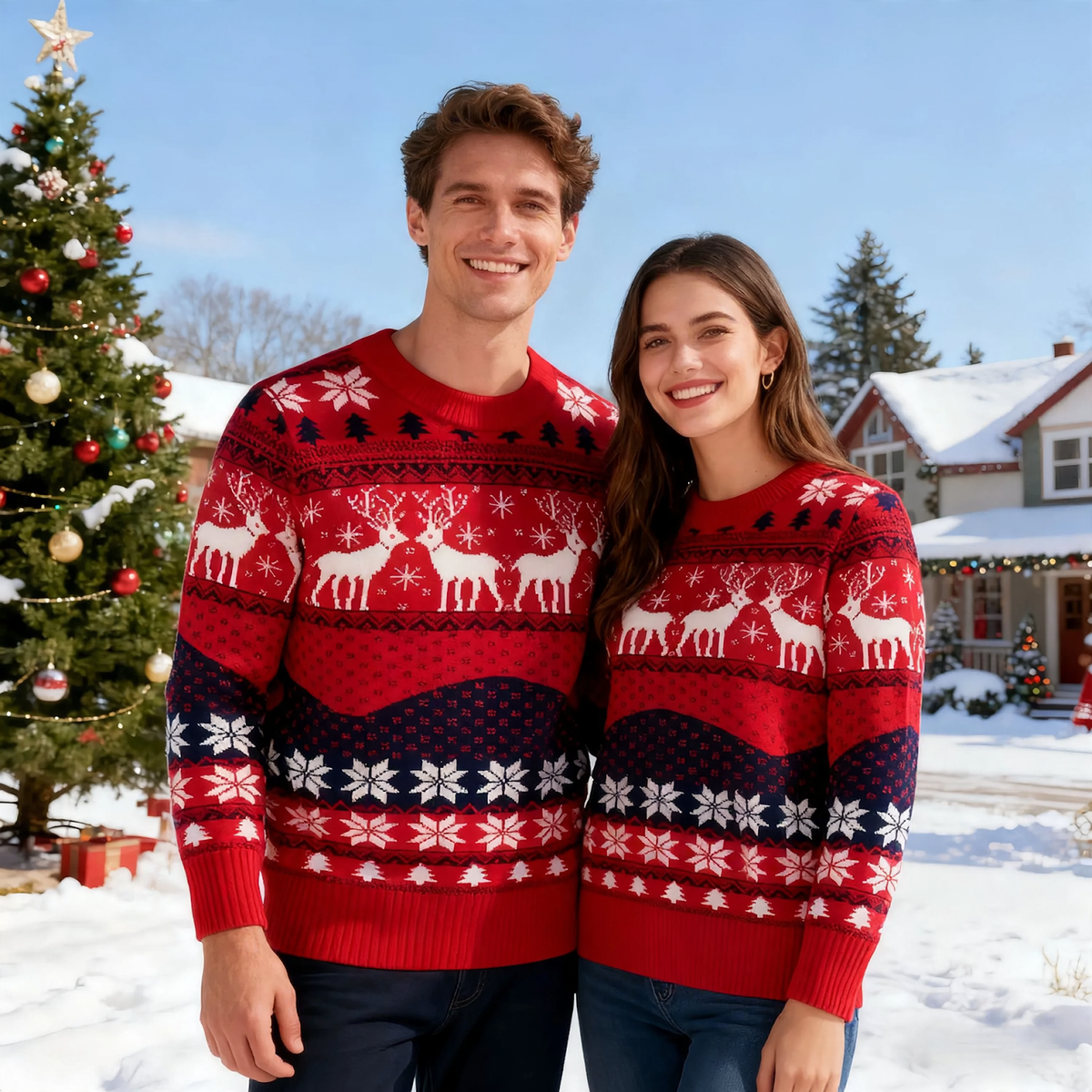 Christmas sweater with reindeer jacquard pattern