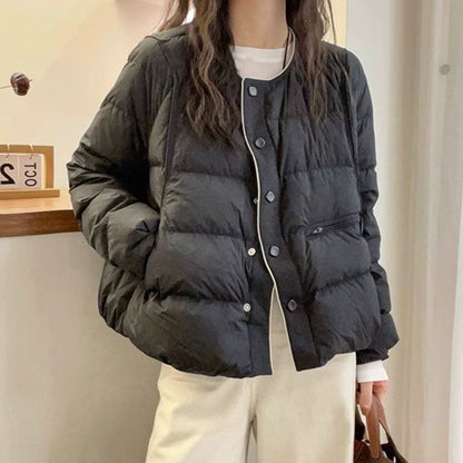 Women's down jacket with round neck and button placket