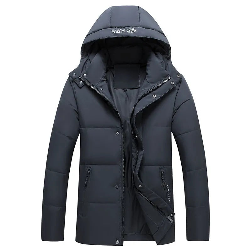 Short men's down jacket with removable hood