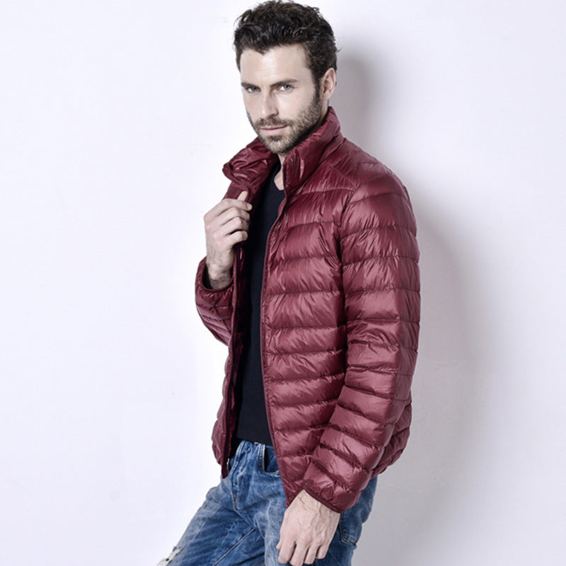 Light men’s down jacket, stand-up collar, slim fit