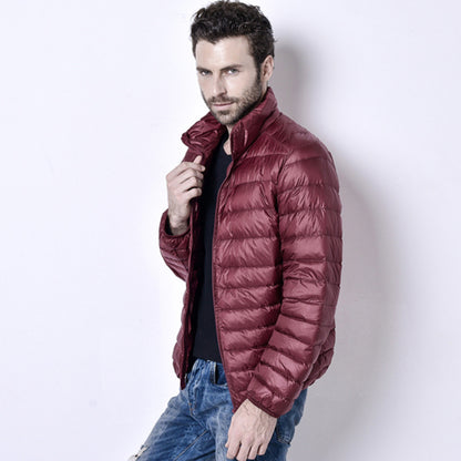 Light men’s down jacket, stand-up collar, slim fit