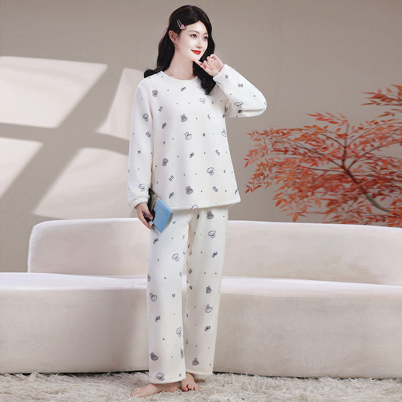 Women's Pajama Set, Flannel and Coral Fleece, warm and loose