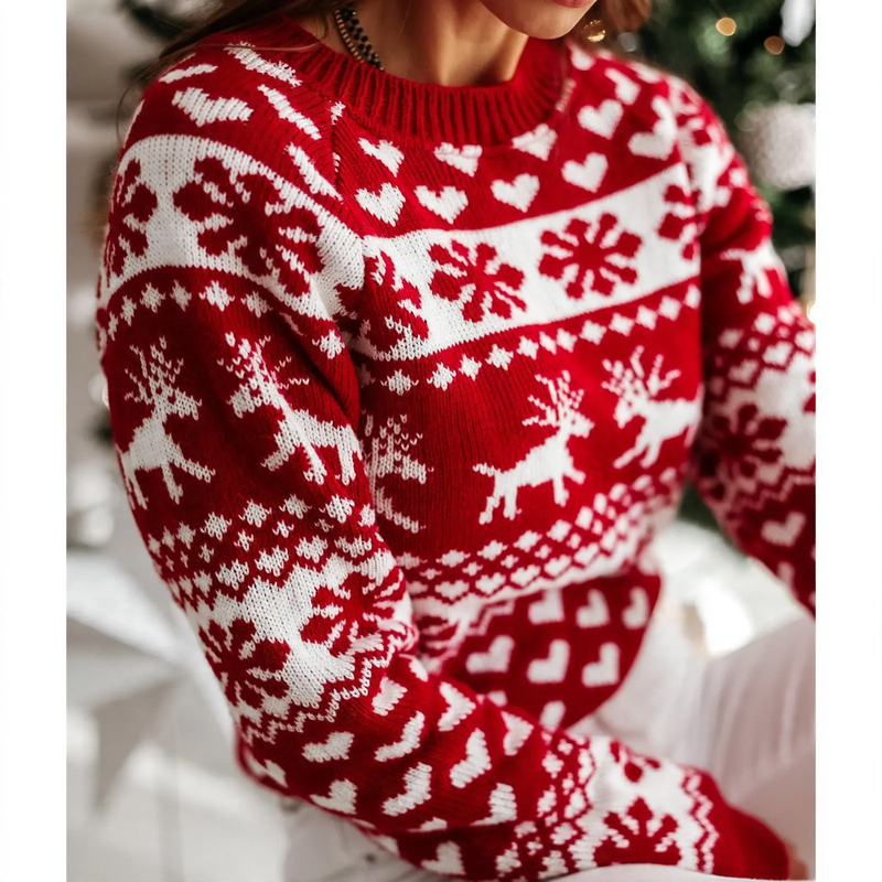 Women's Christmas sweater, reindeer motif, round neckline