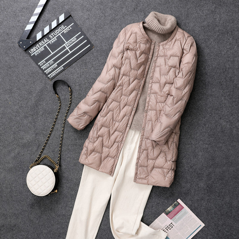 Light, mid-length down jacket, collarless