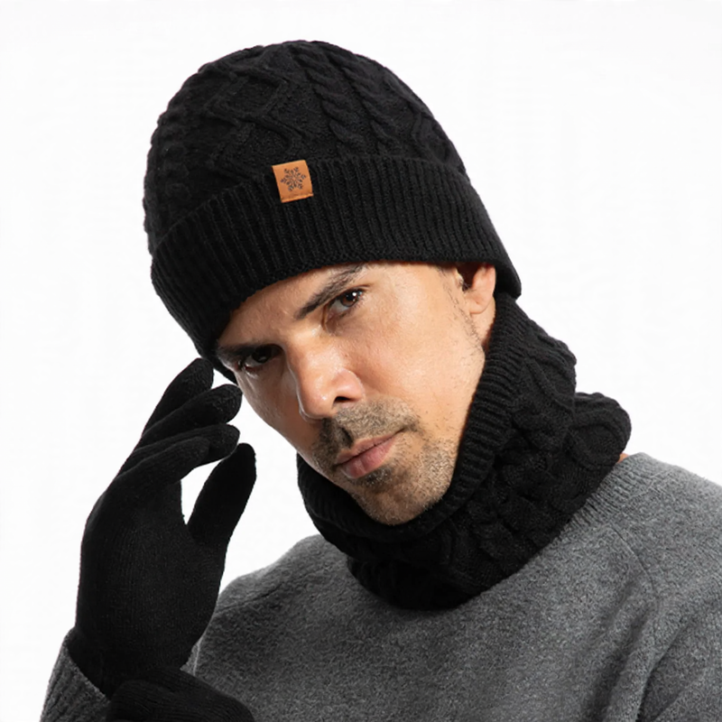 Knit set for men: beanie, scarf, and gloves