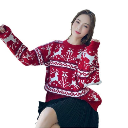 Christmas sweater for women, round neck, reindeer motif, knitted