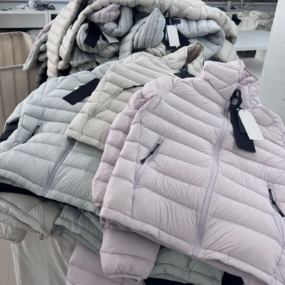 Women's down jacket with hood, quilted, warm