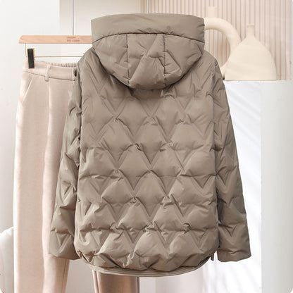 Short, loose down jacket with hood
