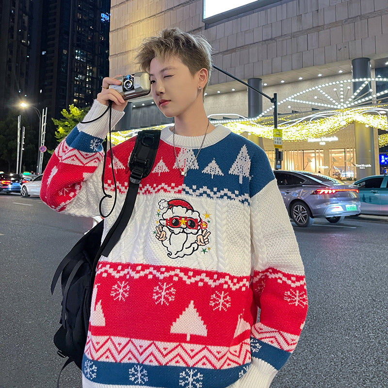 Loose Unisex Knit Sweater with Christmas Motif