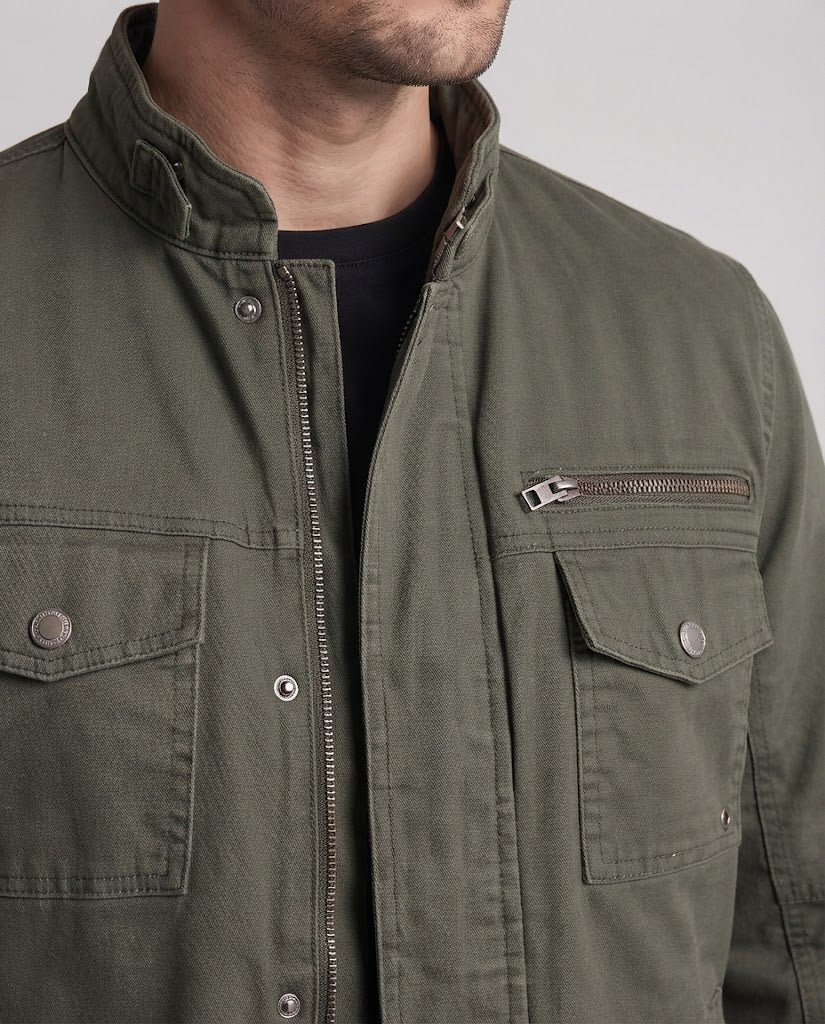 Men's Canvas Outdoor Jacket in Mechanic Look with Stand-Up Collar, Chest Zipper and Utility Pockets EVA-US