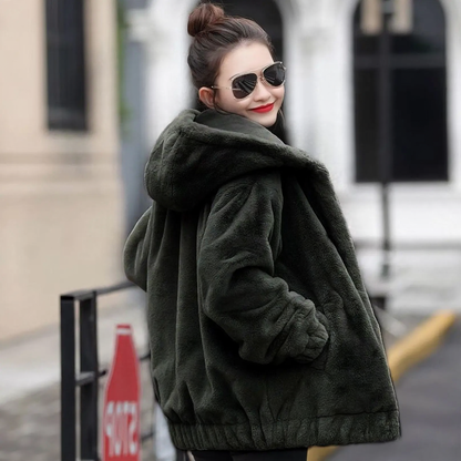 Fluffy hooded coat in rabbit fur look