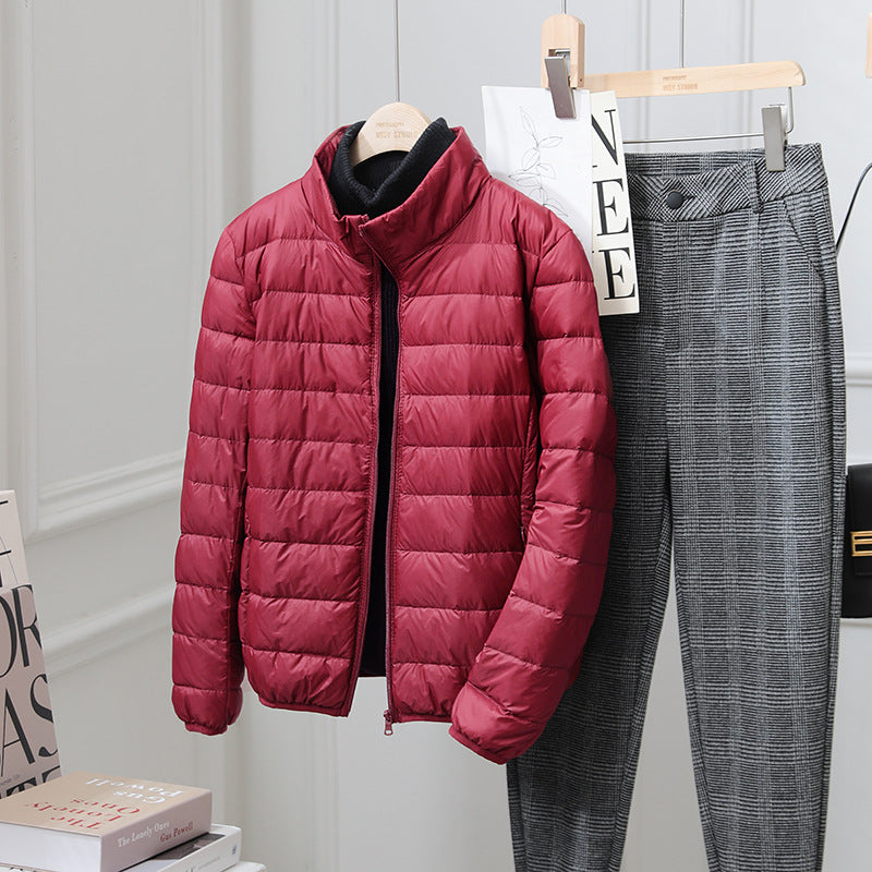 Light women's down jacket, standing collar, 90% duck down