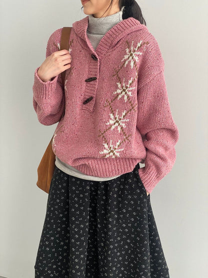 Hooded pullover with snowflake pattern, knitted