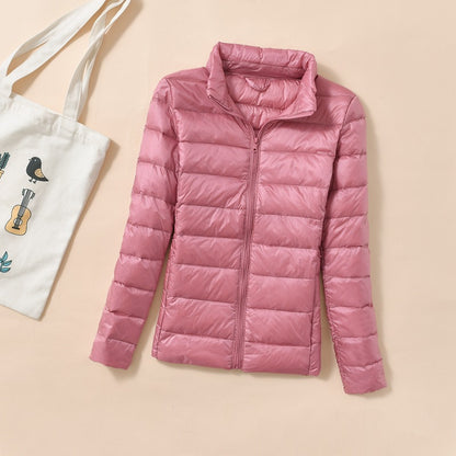 Women's down jacket, short, stand collar, fitted, with duck down