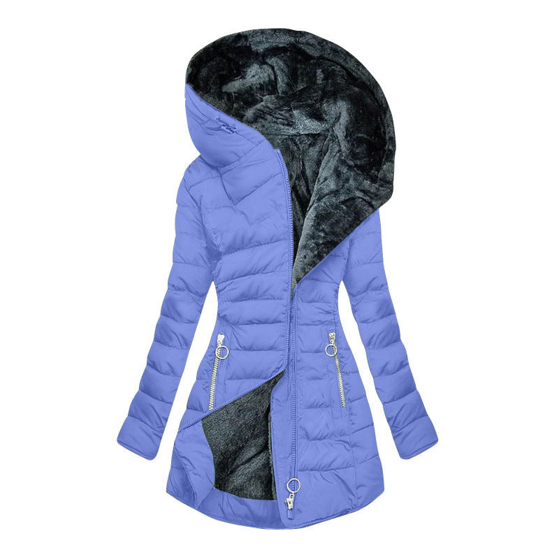 Tailored women's winter coat with hood and faux fur