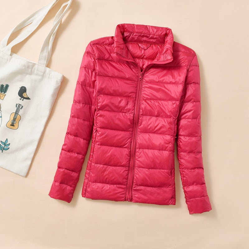 Women's down jacket, short, stand collar, fitted, with duck down