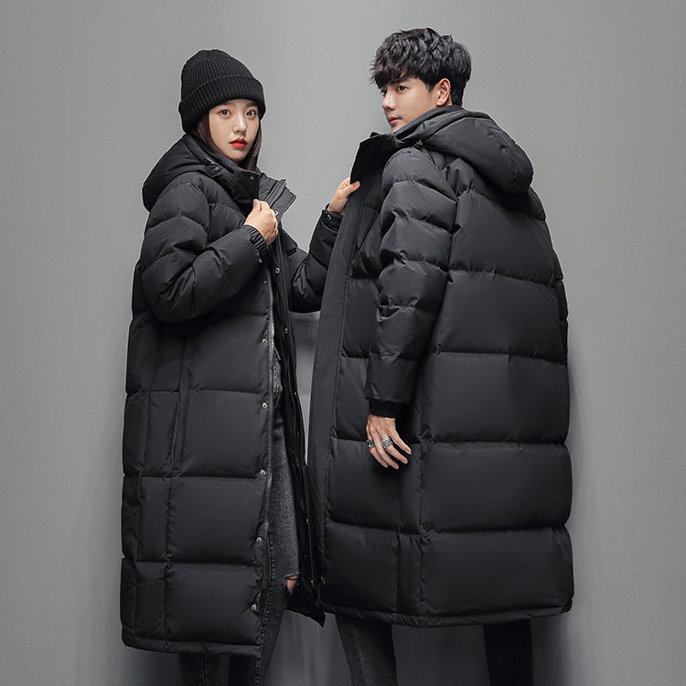Long, padded men's down jacket with hood