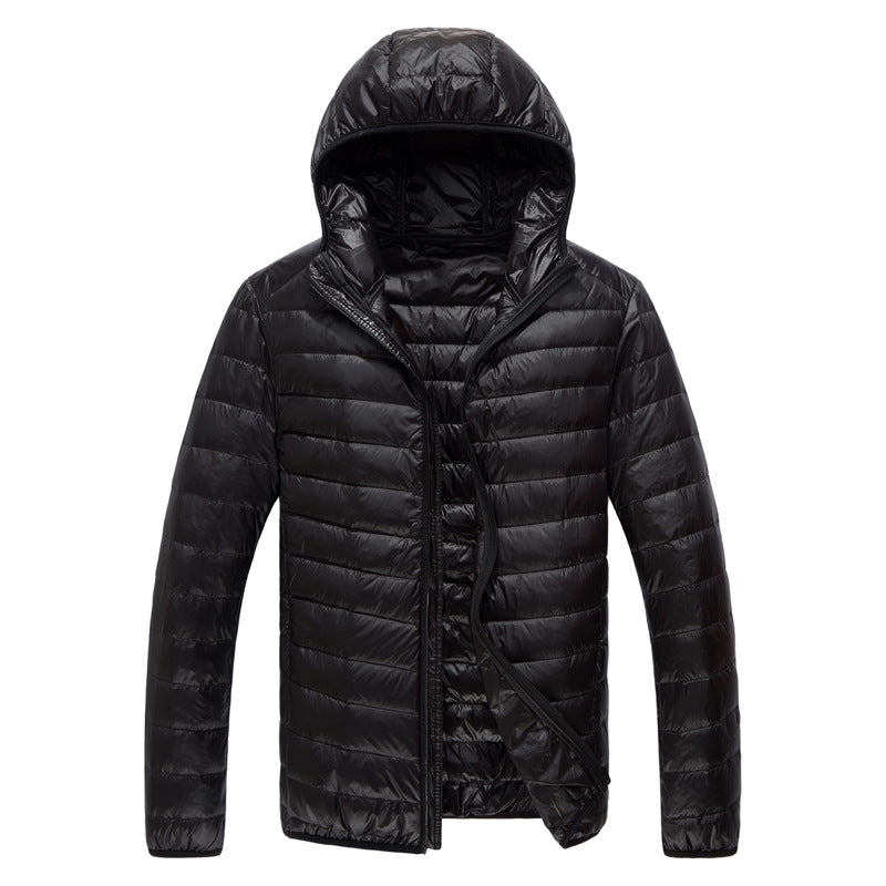 Men's down jacket, lightweight, with storage bag