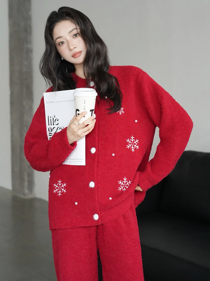 Soft flannel home suit set, red, winter