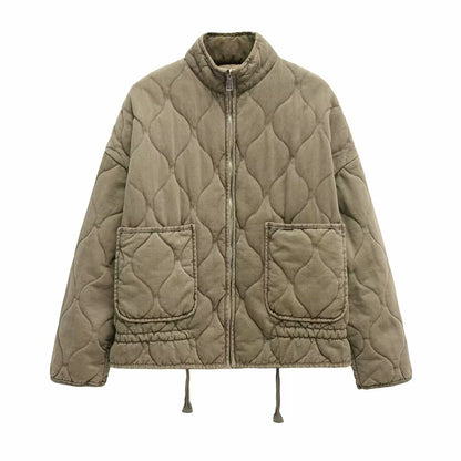 Women's quilted jacket with standing collar and tie belt