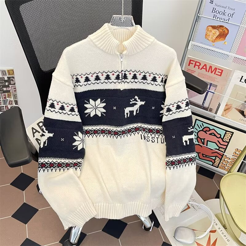 Knitted sweater with half zipper