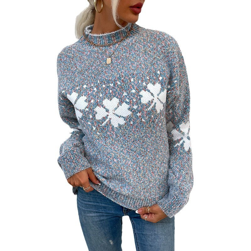 Christmas sweater with snowflake pattern and stand-up collar