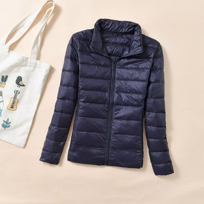 Women's down jacket, short, stand-up collar, fitted, with duck down
