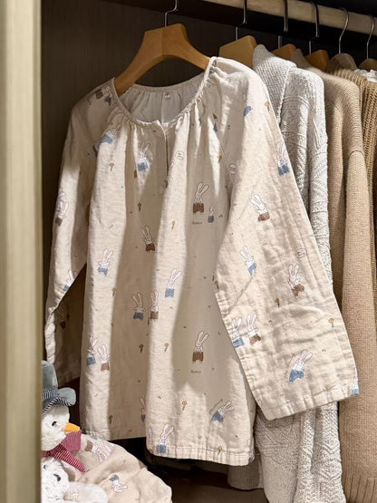 Cotton pajama set, double gauze, round neck, women