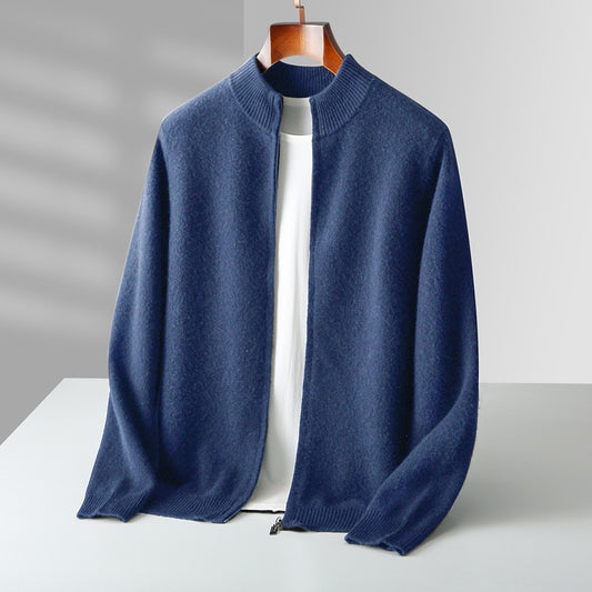 Men's cardigan made of pure wool, standing collar, 500g