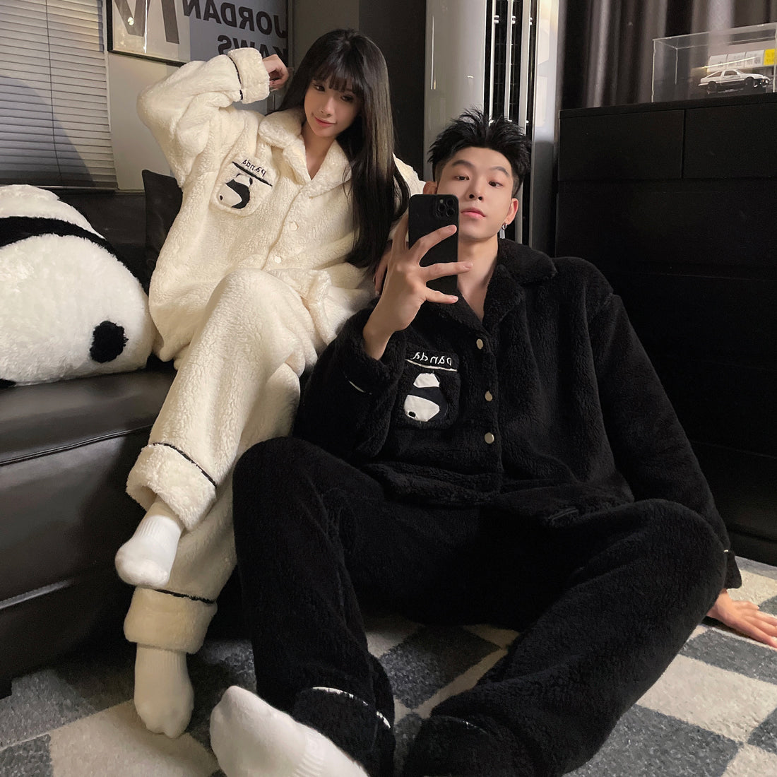 Padded flannel loungewear for couples, with zipper