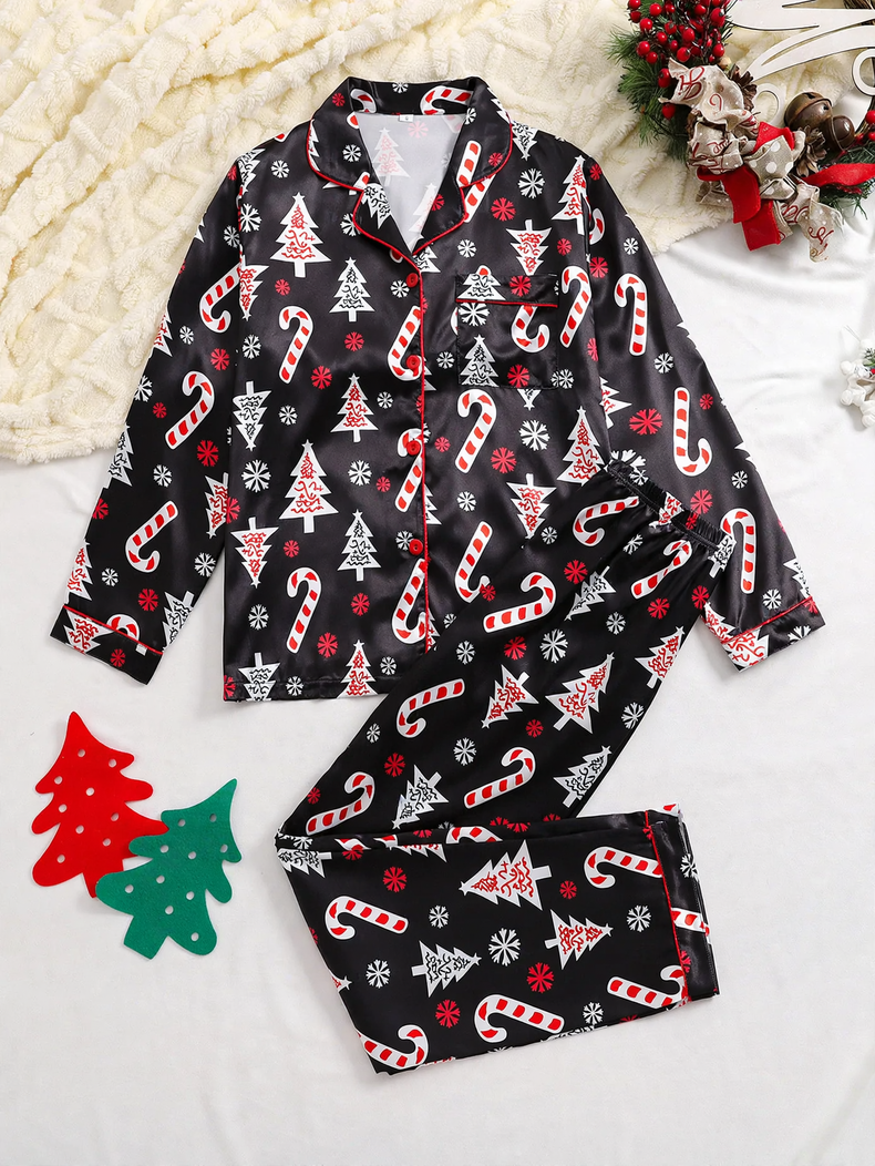 Family Pajama Set, silky appearance, festive motifs