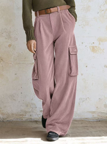 Versatile corduroy cargo pants with high waistband