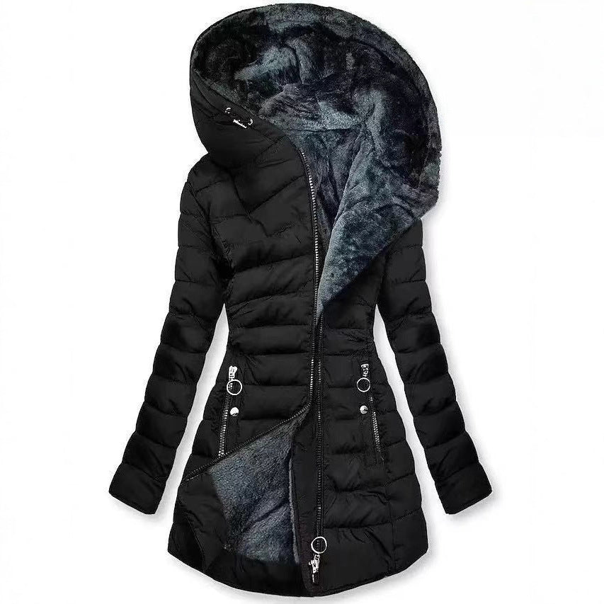 Women's quilted coat, tailored, with hood, medium length