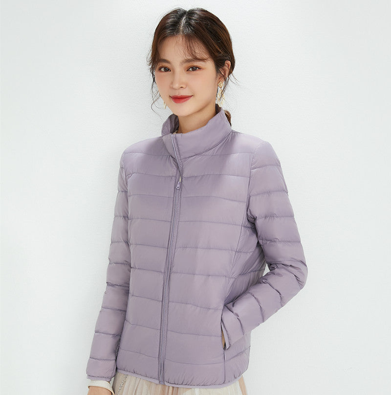 Light women's down jacket with stand-up collar