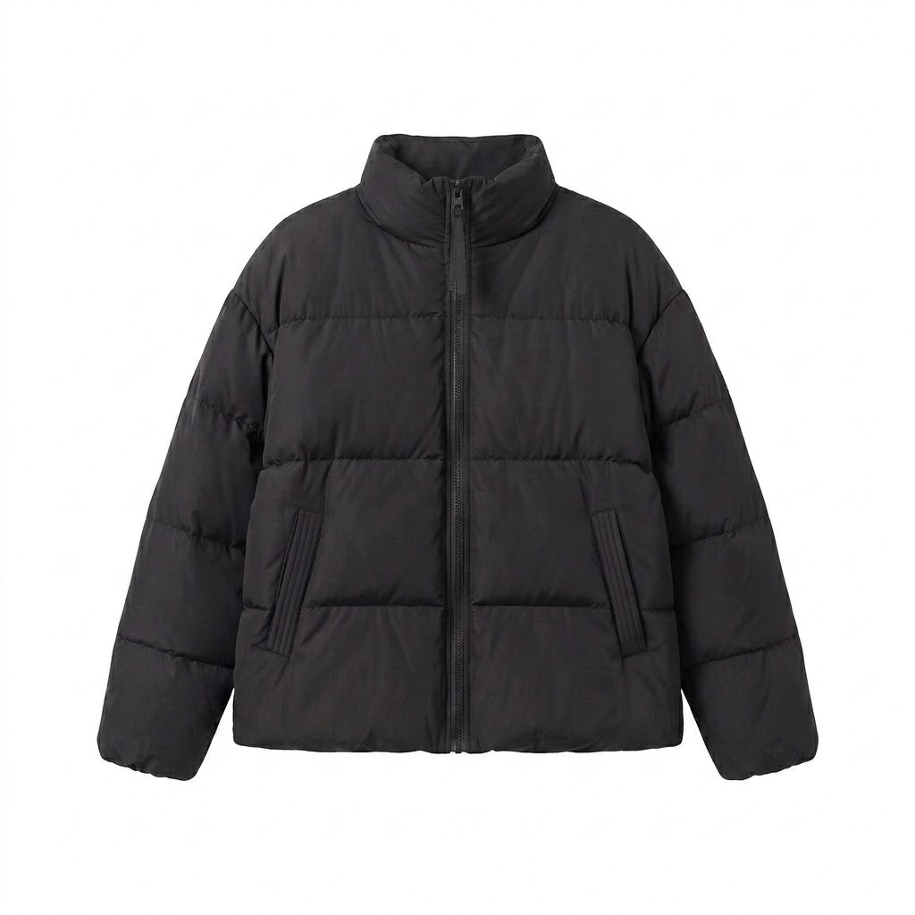 Women's short voluminous padded jacket with high shawl collar, two-way zipper, and concealed side pockets