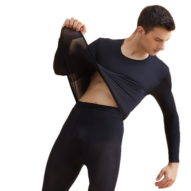 Men's thermal underwear set, seamless, solid color, crew neck