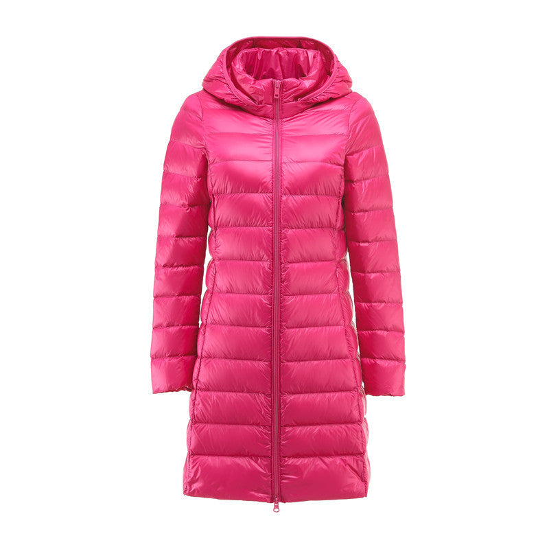 Women's down coat, mid-length, with removable hood