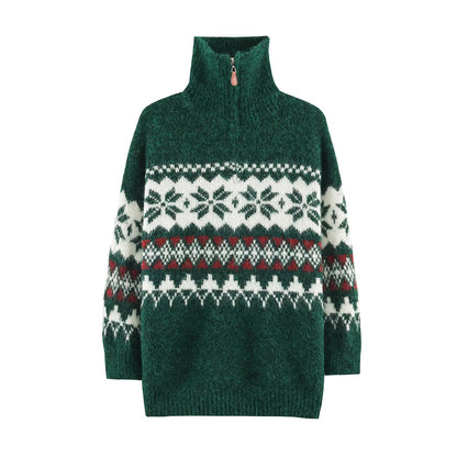 Fair-Isle knit sweater with stand-up collar and zipper