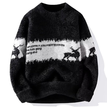 Men's knitted sweater with reindeer motif and stand-up collar