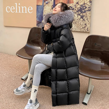 Long women's down coat with fox fur collar