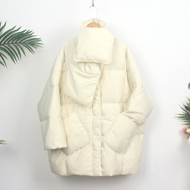 Women's down coat with scarf, medium length, loose fit