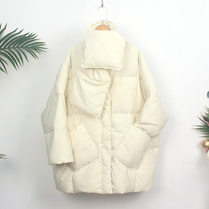 Women's down coat with scarf, medium length, loose fit