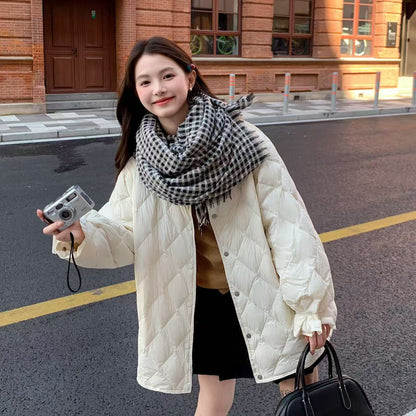 Mid-length down jacket for women, plus sizes, diamond quilting