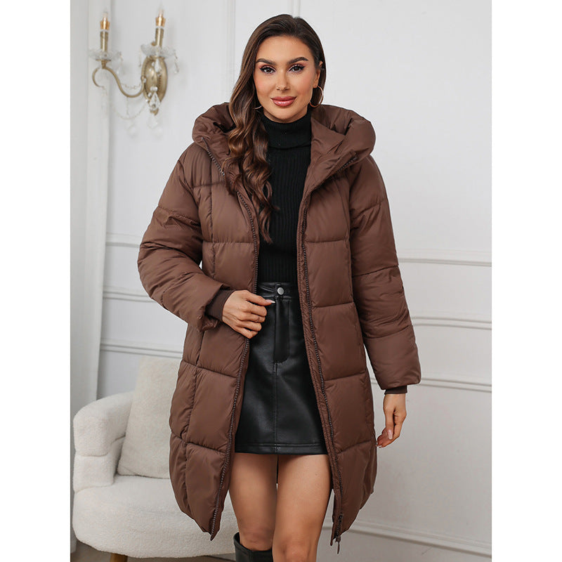 Long, padded winter coat for women, knee-length