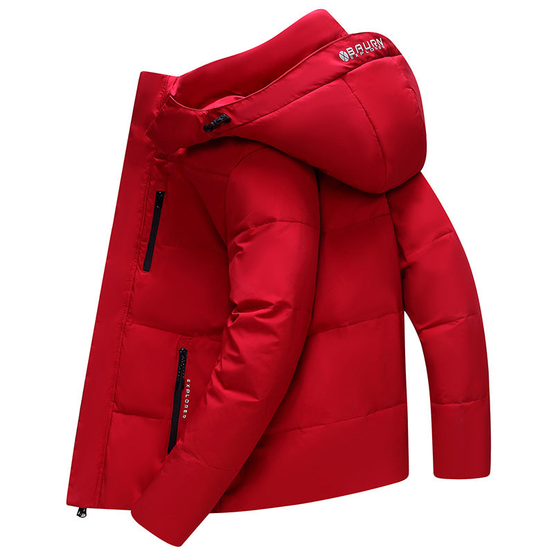 Short men's down jacket with removable hood